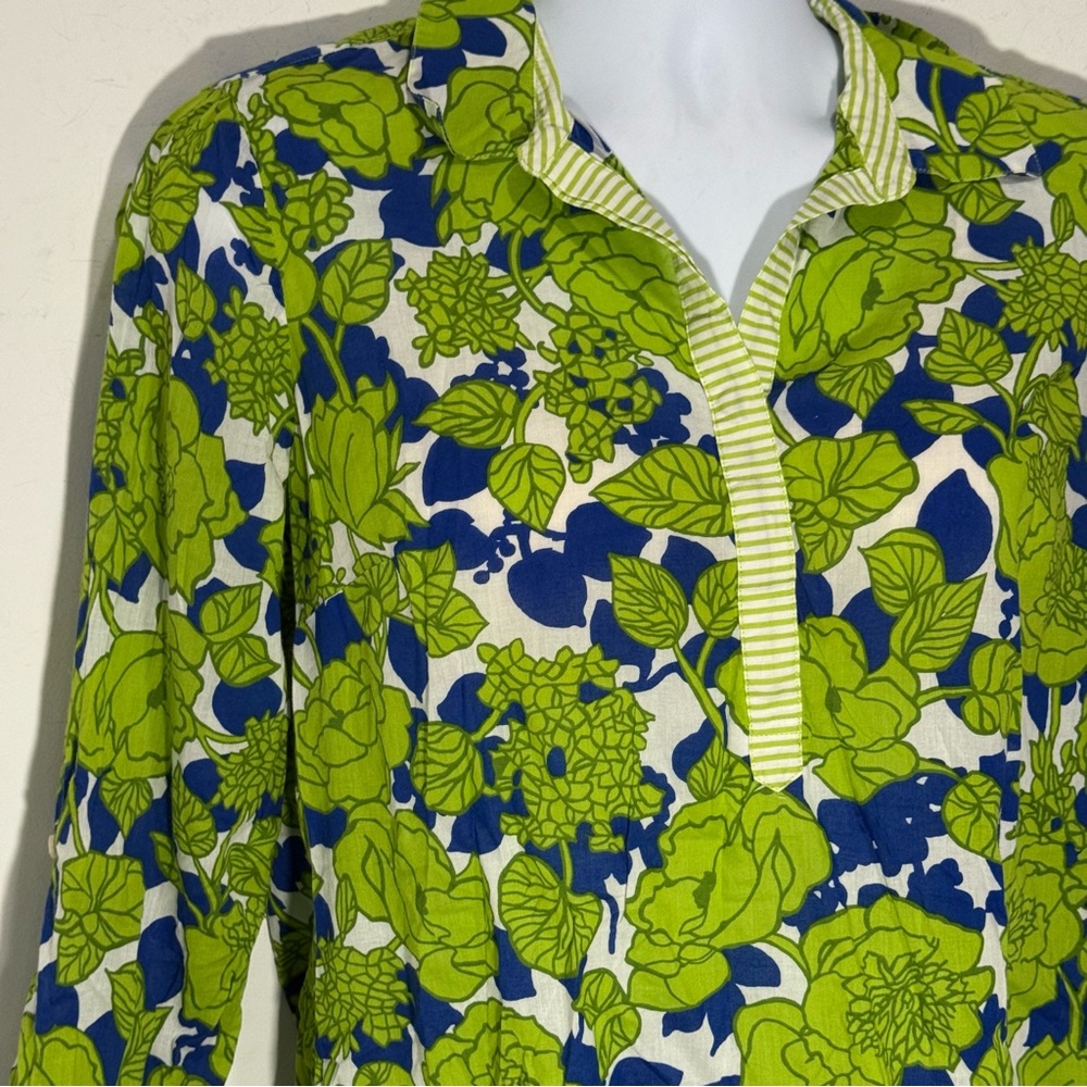 Talbots Floral Print Henley Tunic Top Blouse Size L Green Blue & White Light Wgt - Picture 2 of 11